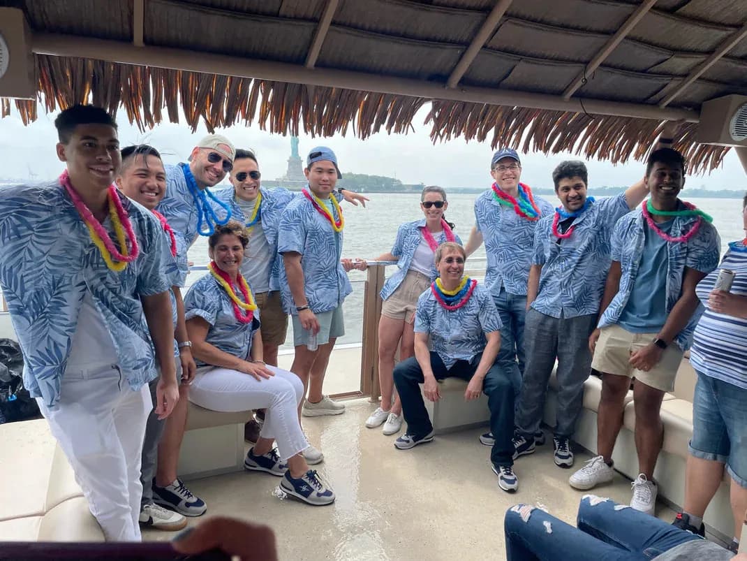 Corporate team building event aboard the tiki boat in New York Harbor